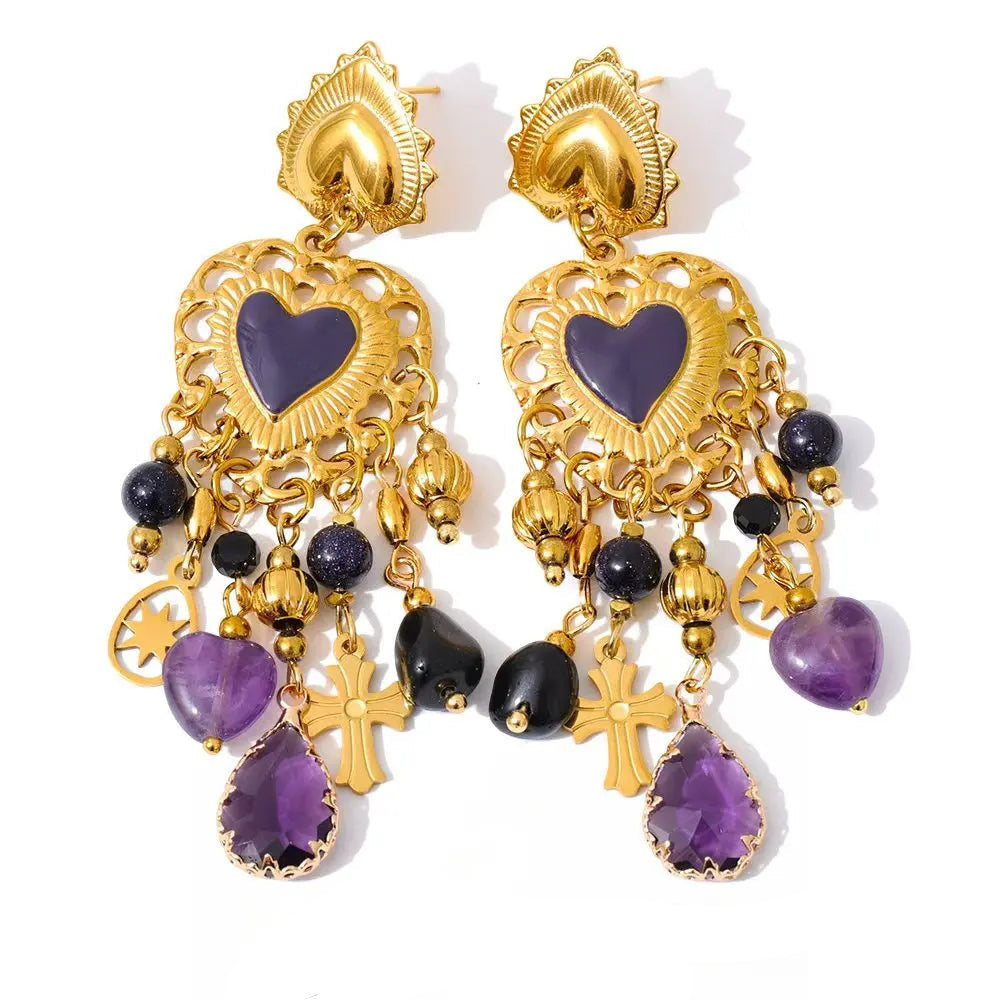 Resin Heart Cross Earrings — Gold-Plated Stainless Steel with Resin