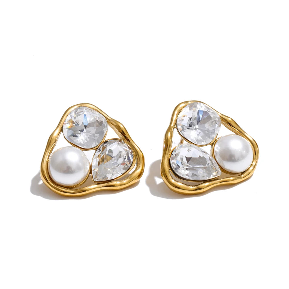 Cubic Zirconia Pearl Geometric Earrings — Gold-Plated Stainless Steel with Pearl and Cubic Zirconia · PS1441