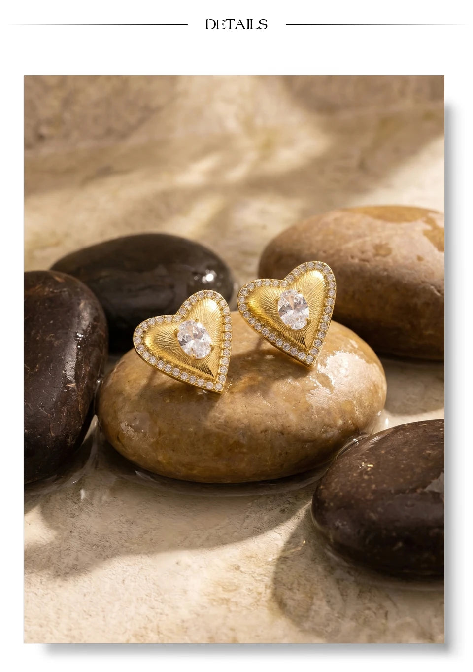 Cubic zirconia heart earrings in gold-plated stainless steel with cubic zirconia.