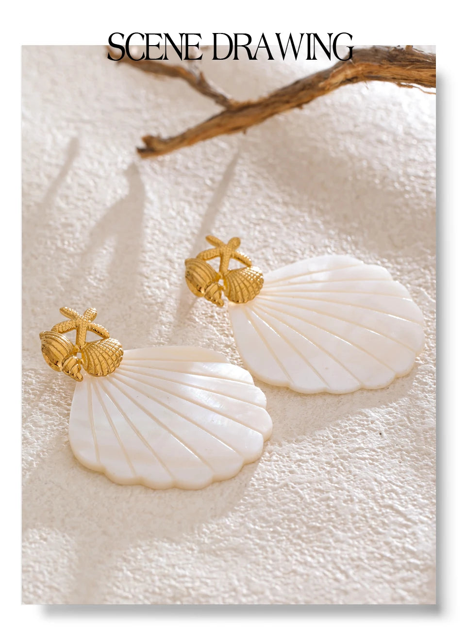 Shell star geometric earrings in gold-plated stainless steel with shell.