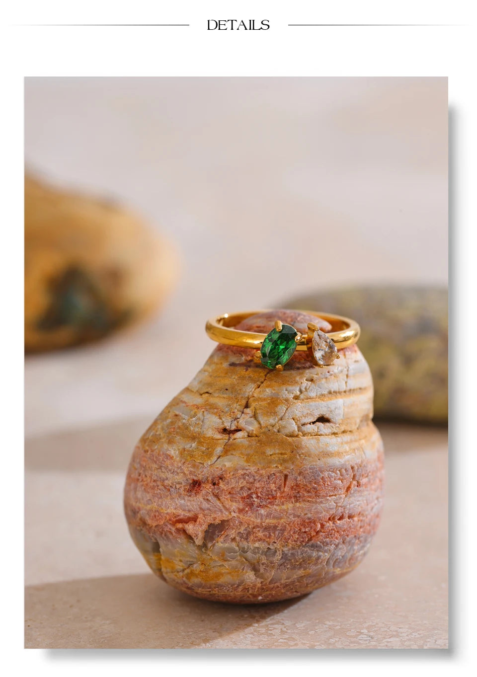 Cubic zirconia geometric ring in 18K gold-plated stainless steel with cubic zirconia.