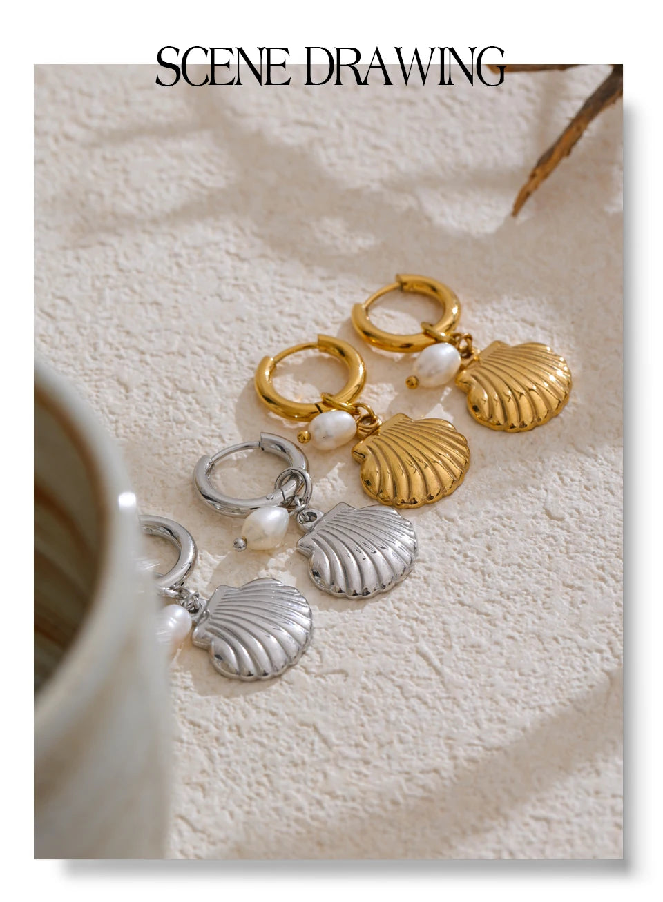 Freshwater pearl shell star earrings in gold-plated stainless steel with freshwater pearl and shell.