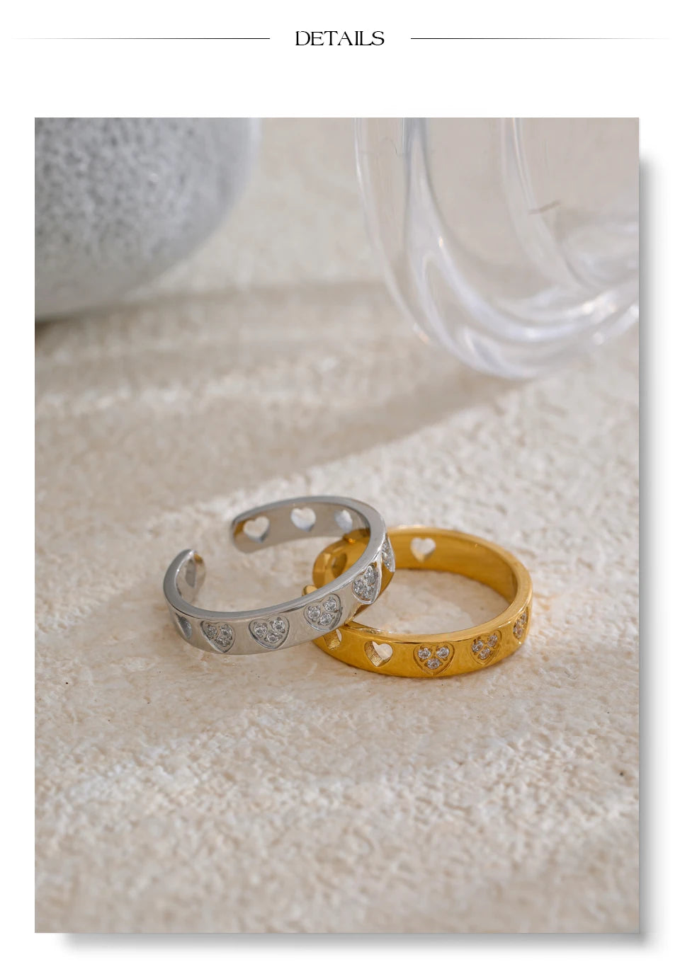 Cubic zirconia heart ring in gold-plated stainless steel with cubic zirconia.