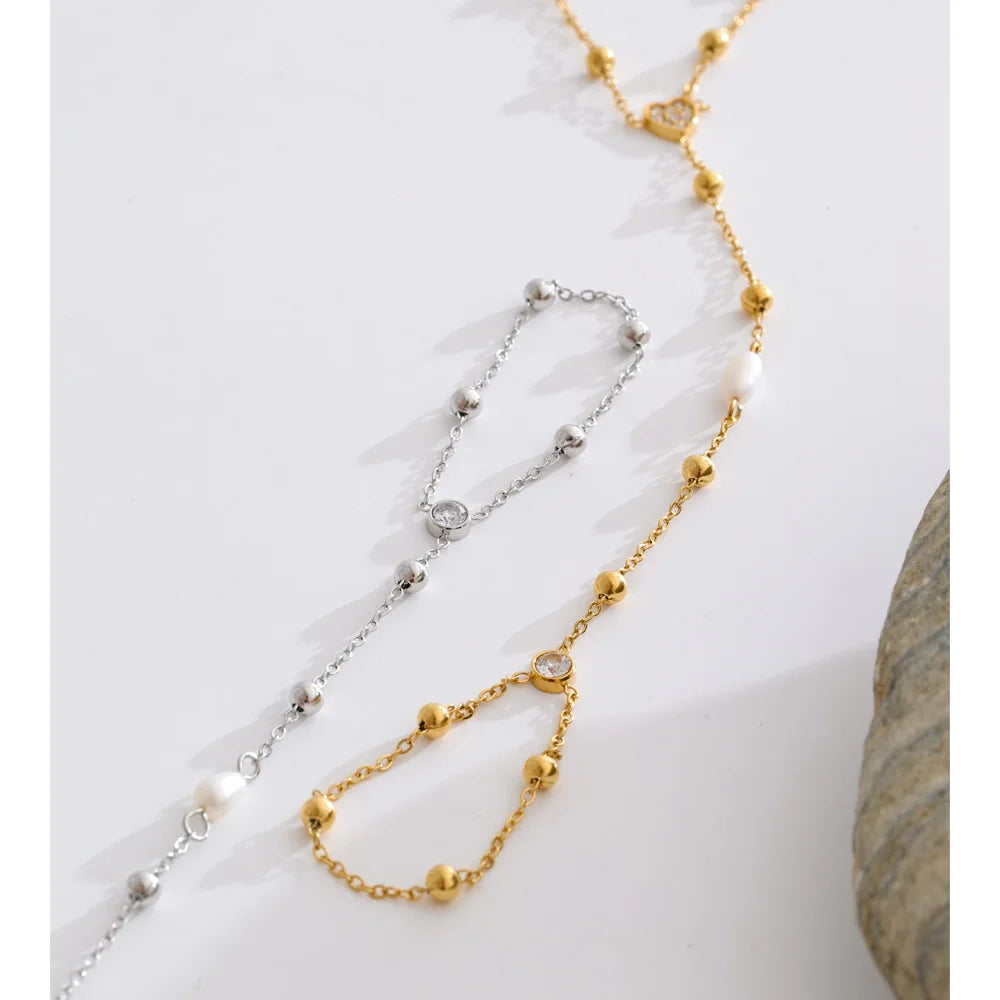 Cubic Zirconia Pearl Geometric Bracelet — Gold-Plated Stainless Steel with Pearl and Cubic Zirconia · PS1330