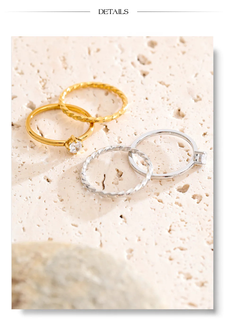 Cubic zirconia geometric ring in gold-plated stainless steel with cubic zirconia.