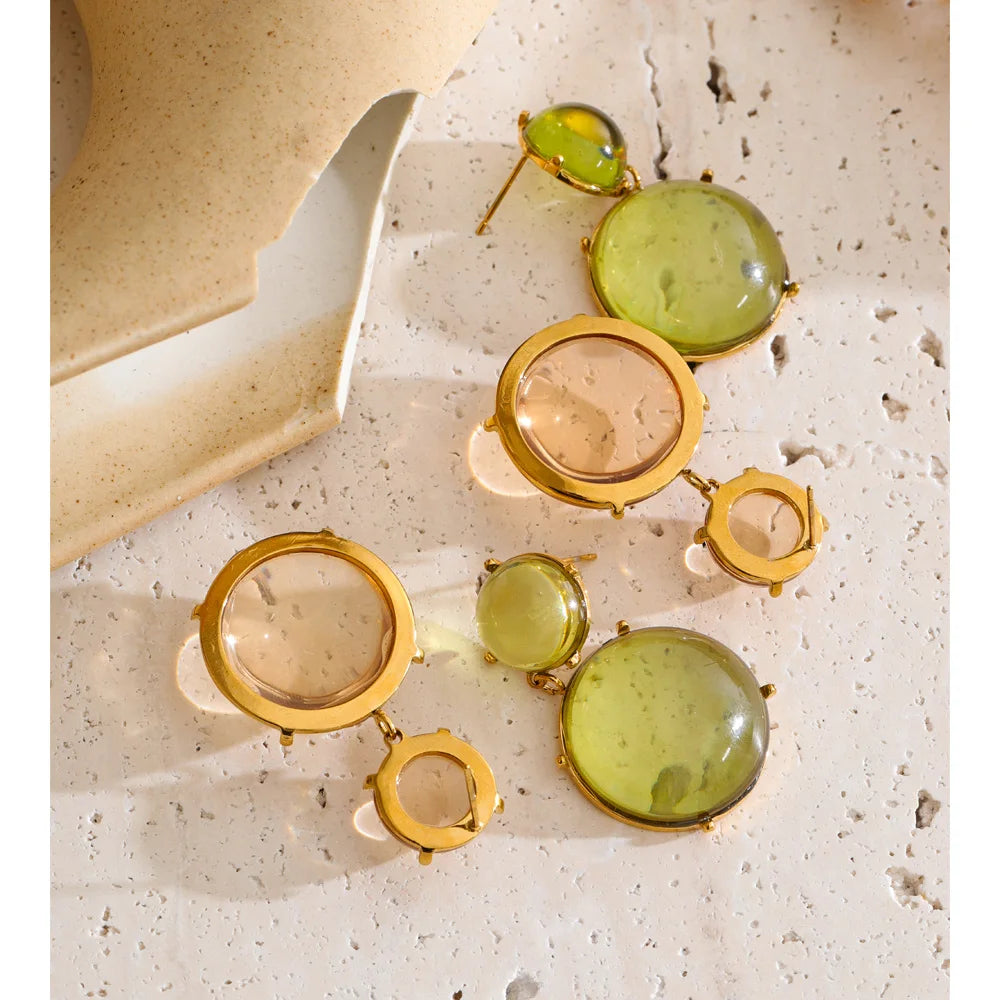 Green resin acrylic earrings in gold-plated stainless steel with resin and acrylic.