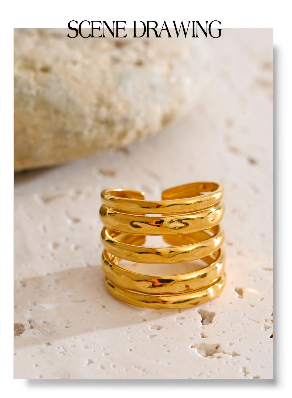 Geometric layered ring in 18K gold-plated stainless steel.