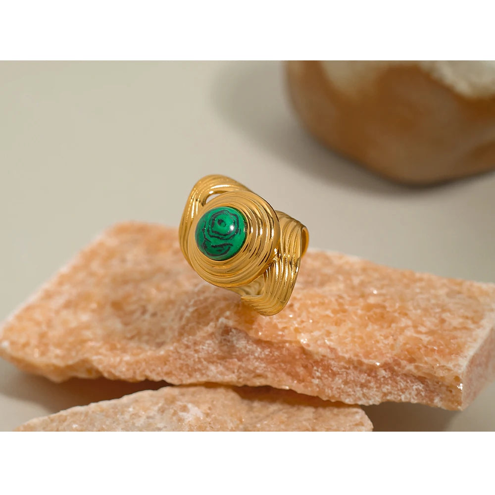 Wide Natural Stone Metal Texture Ring — 316L Stainless Steel · PS454