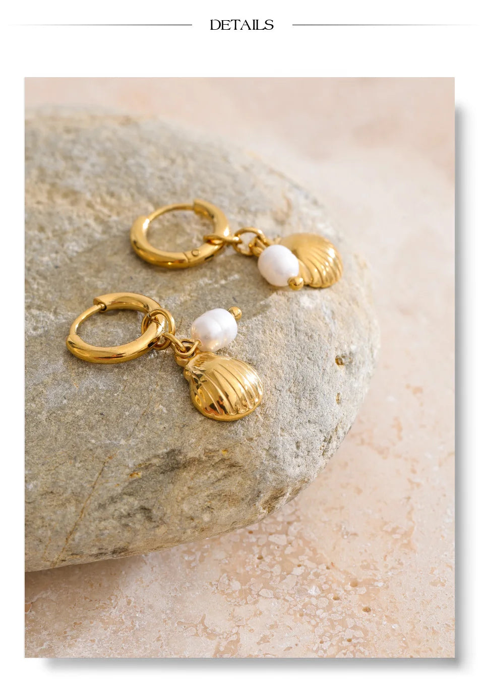 Freshwater pearl shell geometric earrings in gold-plated stainless steel with freshwater pearl and shell.