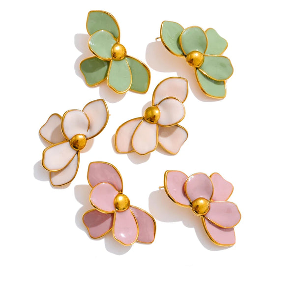Gold-plated stainless steel earrings with enamel flowers in pink, green, blue, and white.