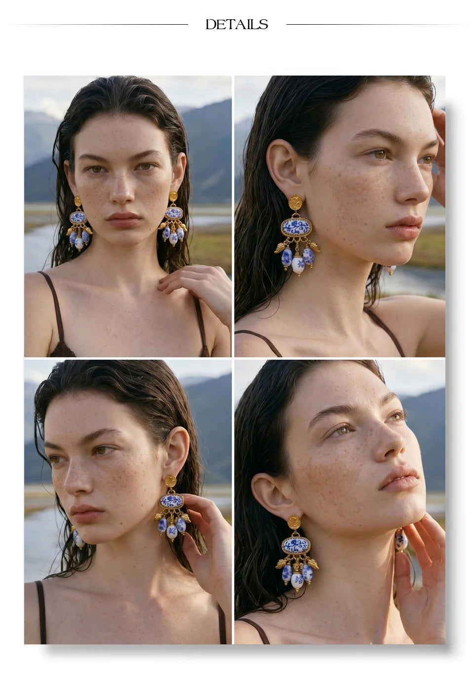 Blue heart flower earrings in gold-plated stainless steel.
