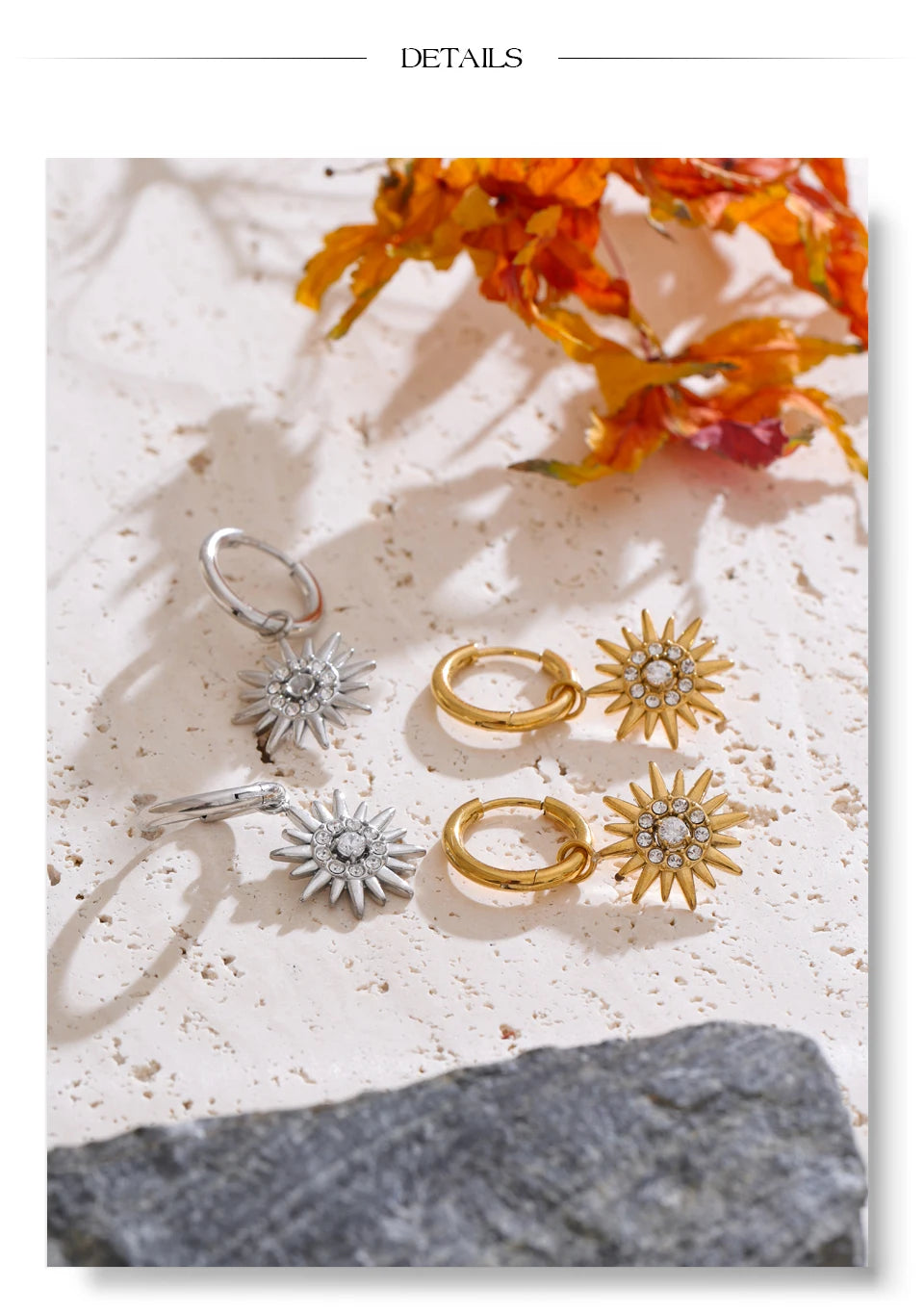Cubic zirconia sun geometric earrings in gold-plated stainless steel with cubic zirconia.
