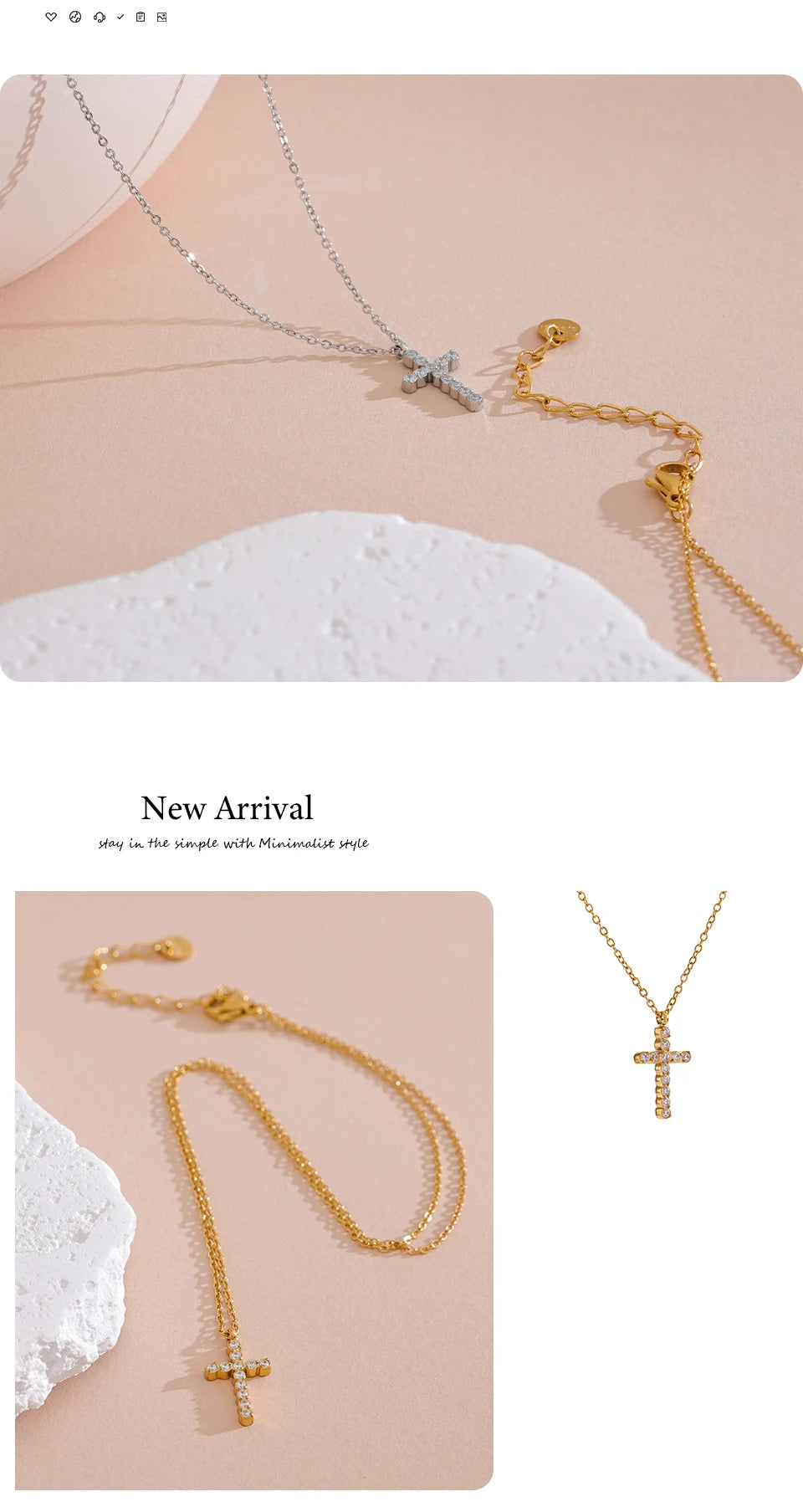 Cubic zirconia cross necklace in gold-plated 316L stainless steel with cubic zirconia.