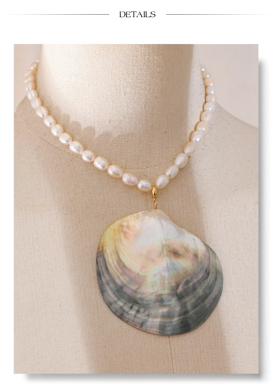 Pearl shell geometric necklace in gold-plated stainless steel with pearl and shell.