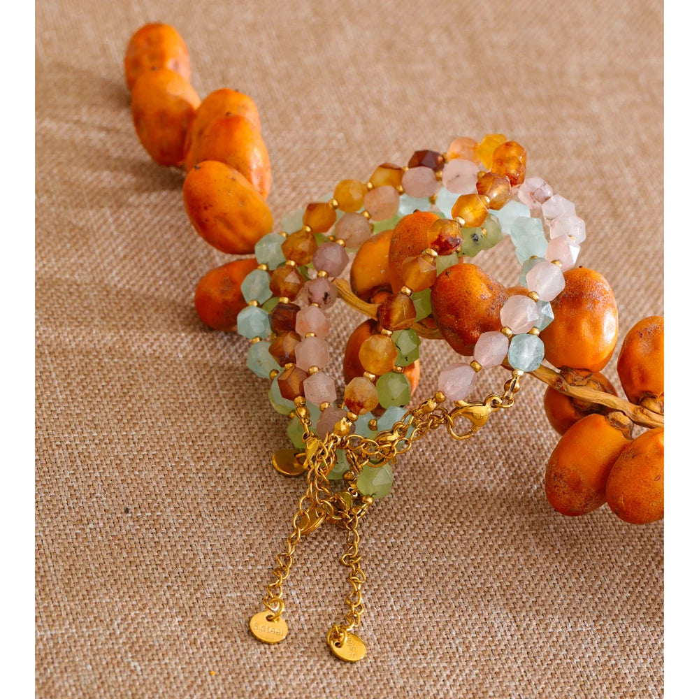 Natural stone beaded multi-color necklace in gold-plated stainless steel with natural stone.