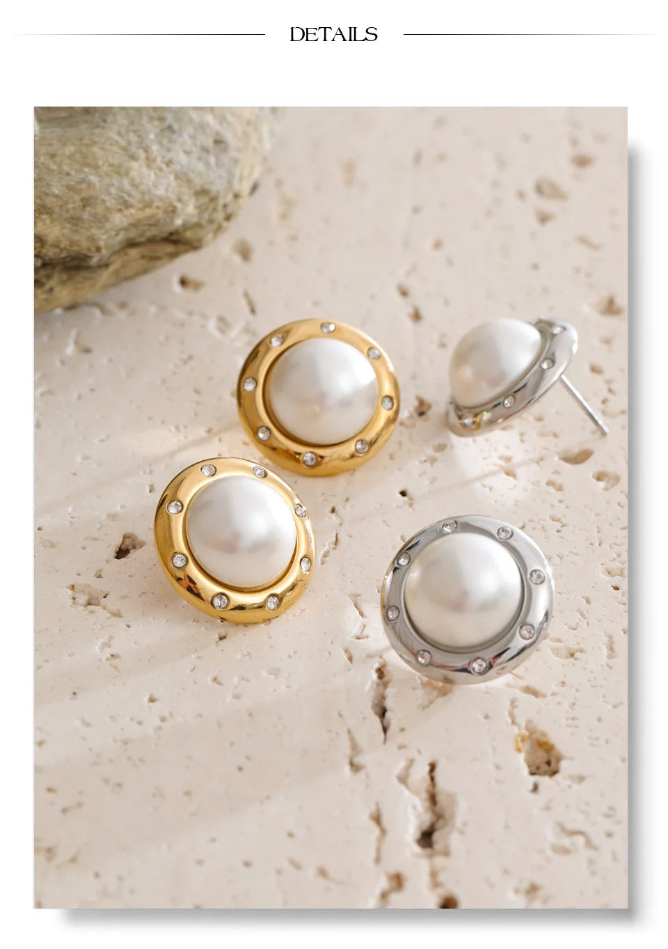 Cubic Zirconia Pearl Geometric Earrings — Gold-Plated Stainless Steel with Pearl and Cubic Zirconia · PS1536