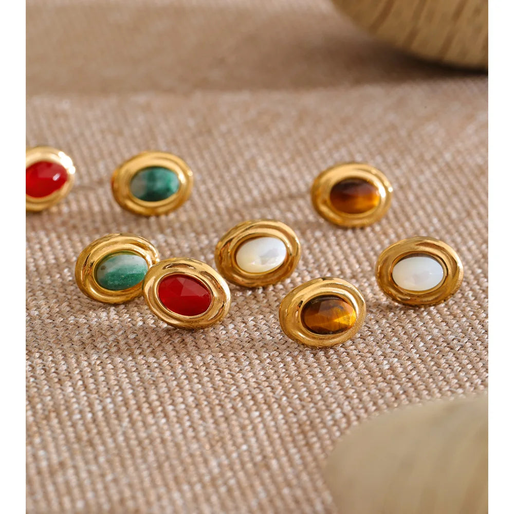 Natural Stone Geometric Earrings — Gold-Plated Stainless Steel with Natural Stone · PS1654