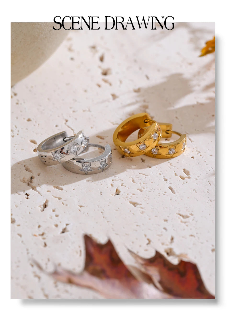 Cubic Zirconia Star Geometric Earrings — Gold-Plated Stainless Steel with Cubic Zirconia · PS1985