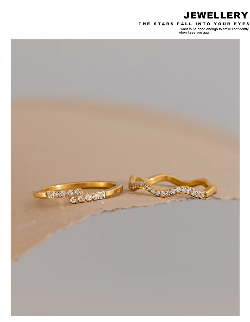 Cubic zirconia geometric ring in 18K gold-plated stainless steel with cubic zirconia.