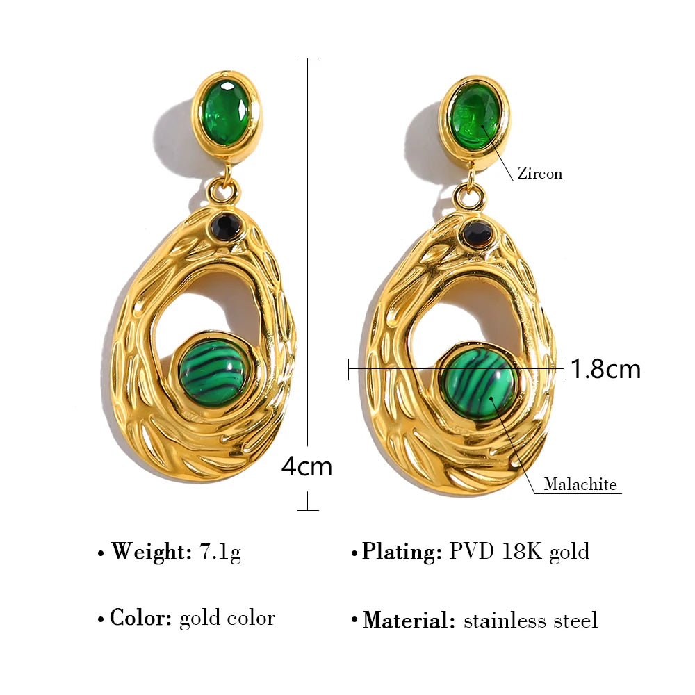 Drop Earrings Green Stone Zircon Irregular Dangle — 316L Stainless Steel · PS424
