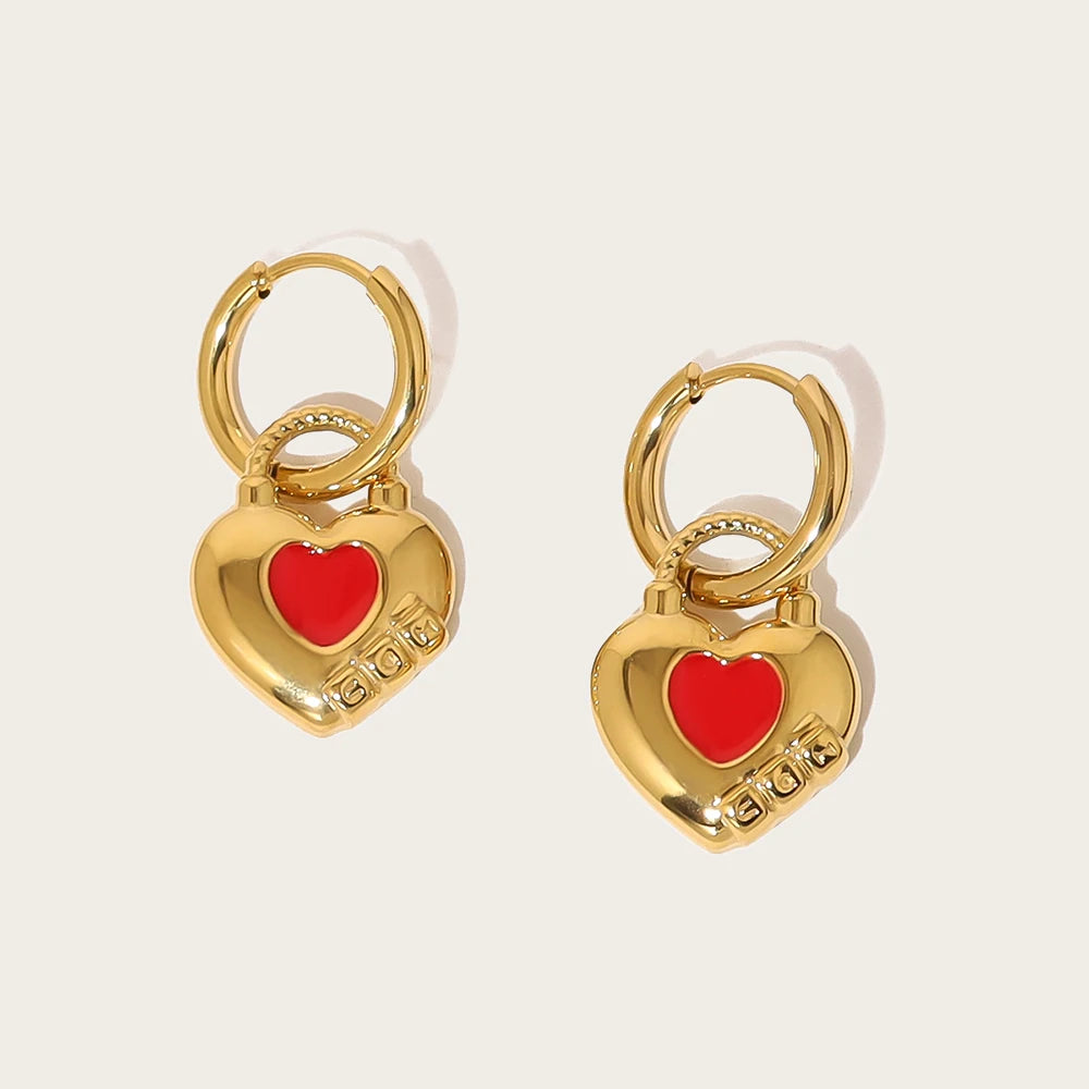 Hoop Earrings Red Enamel Heart — 316L Stainless Steel · PS384