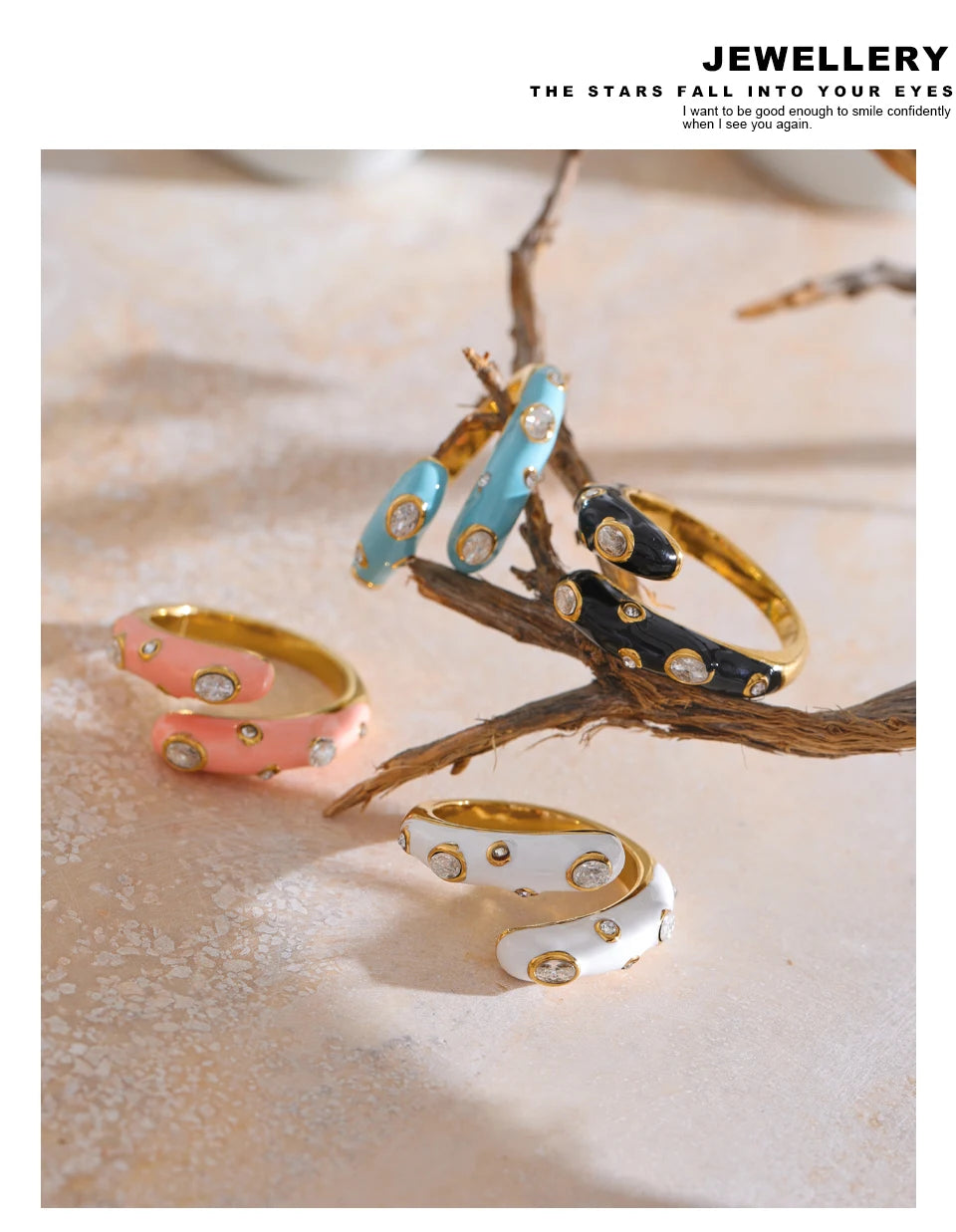 Black cubic zirconia enamel ring in 18K gold-plated stainless steel with cubic zirconia and enamel.
