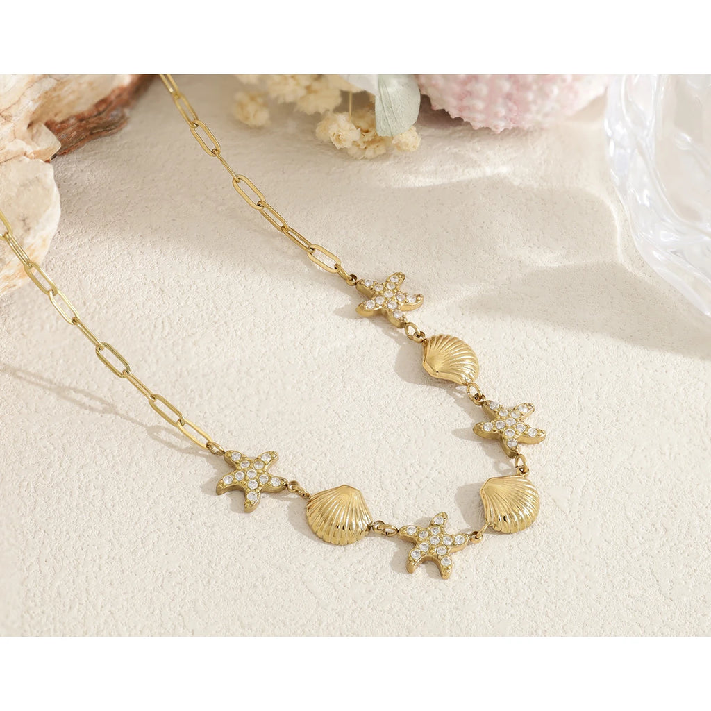 Necklace Starfish Shell Choker Beach Vacation — 316L Stainless Steel · PS398