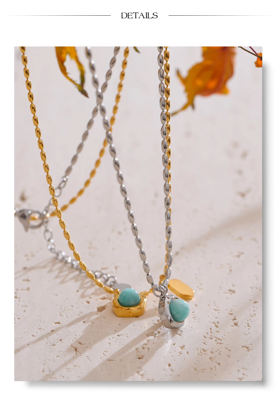 Natural stone geometric necklace in gold-plated stainless steel with natural stone.