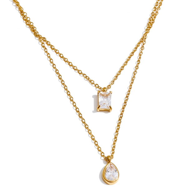 Cubic zirconia geometric layered necklace in gold-plated stainless steel with cubic zirconia.