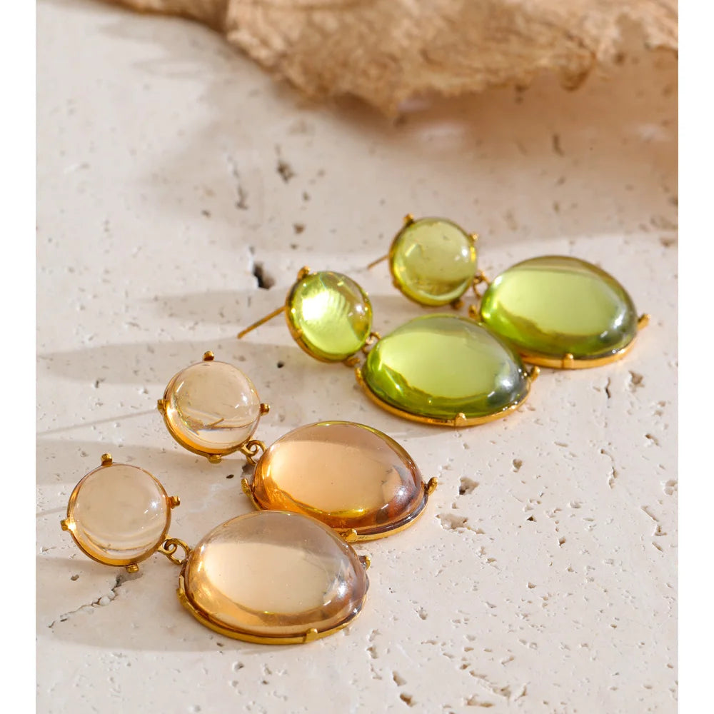 Green resin acrylic earrings in gold-plated stainless steel with resin and acrylic.