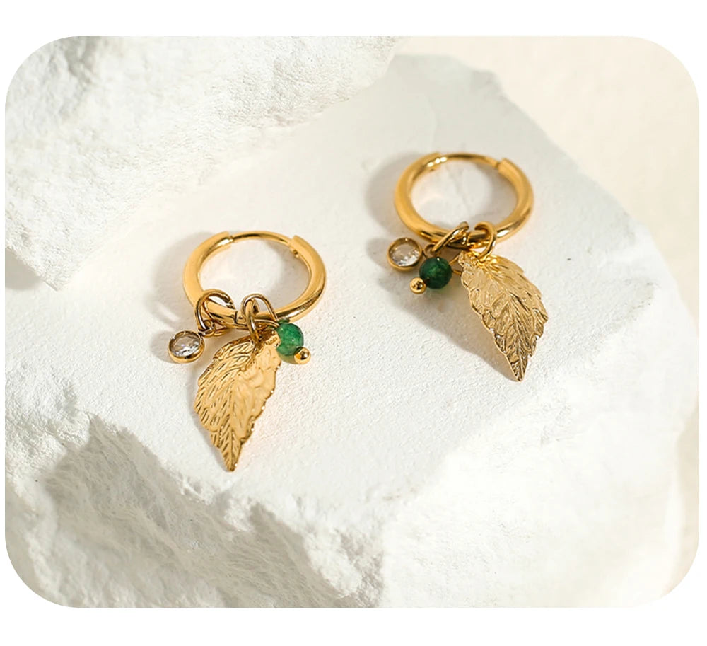 Hoop Earrings Metal Leaf Crystal Pendants — 316L Stainless Steel · PS457