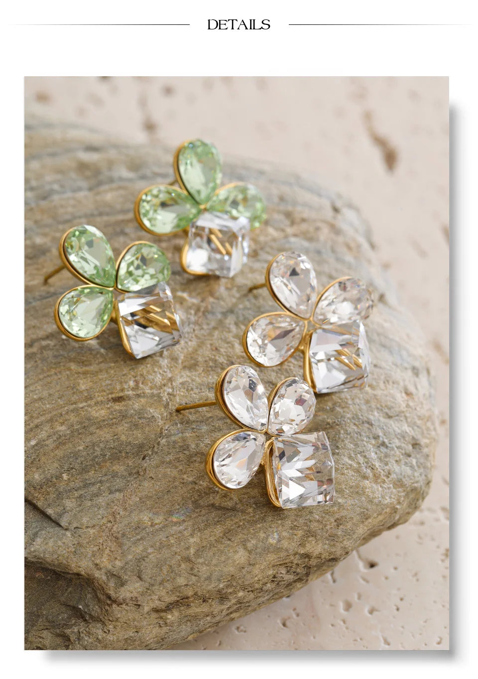 Crystal Flower Geometric Earrings — Gold-Plated Stainless Steel with Crystal · PS1534