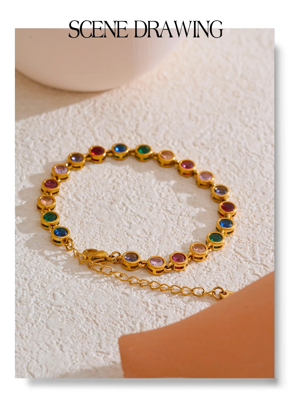 Cubic zirconia multi-color geometric necklace in gold-plated stainless steel with cubic zirconia.