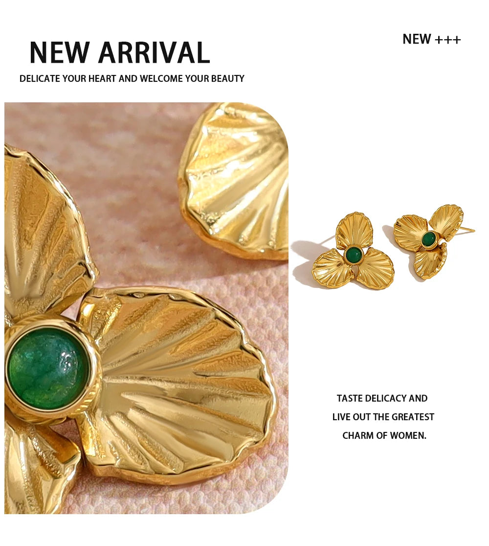 Stud Earrings Floral Vintage Natural Stone — 316L Stainless Steel · PS383