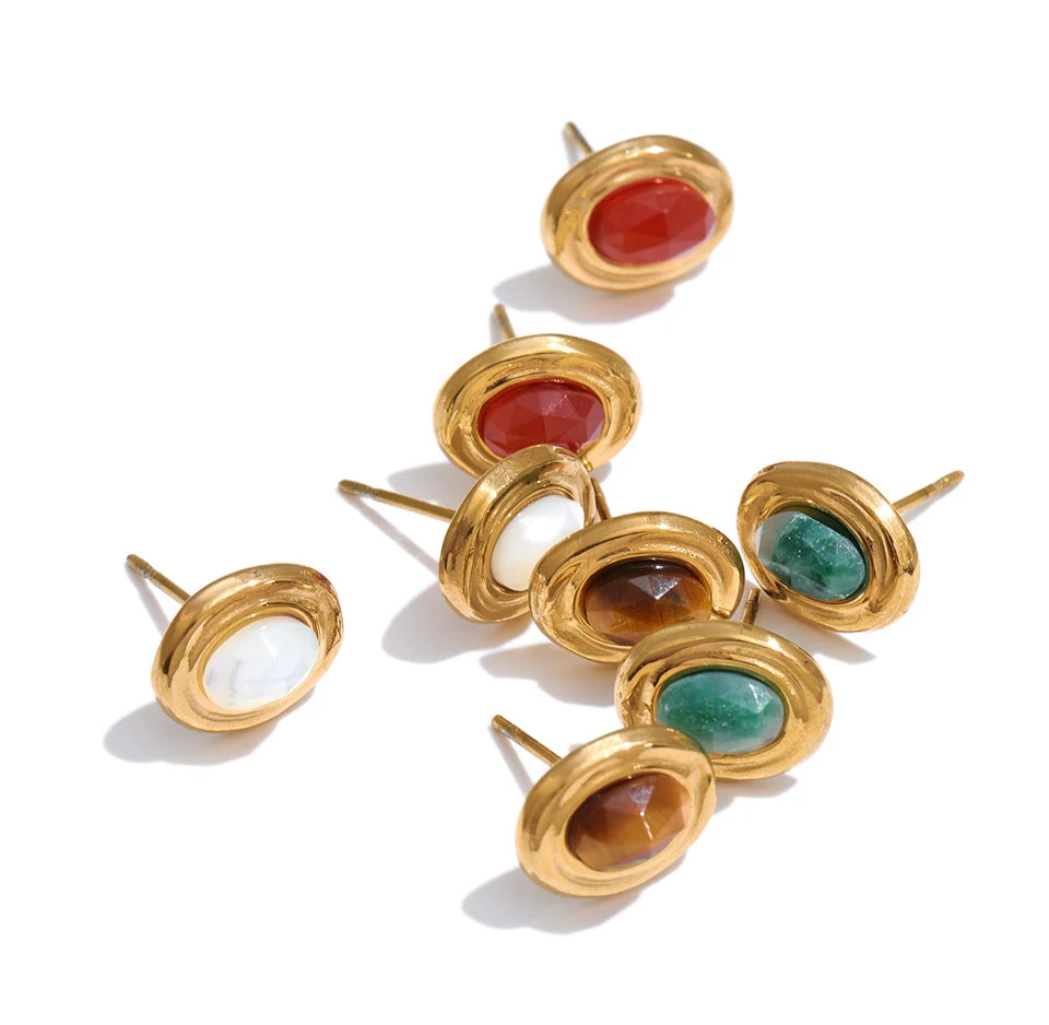 Natural Stone Geometric Earrings — Gold-Plated Stainless Steel with Natural Stone · PS1654