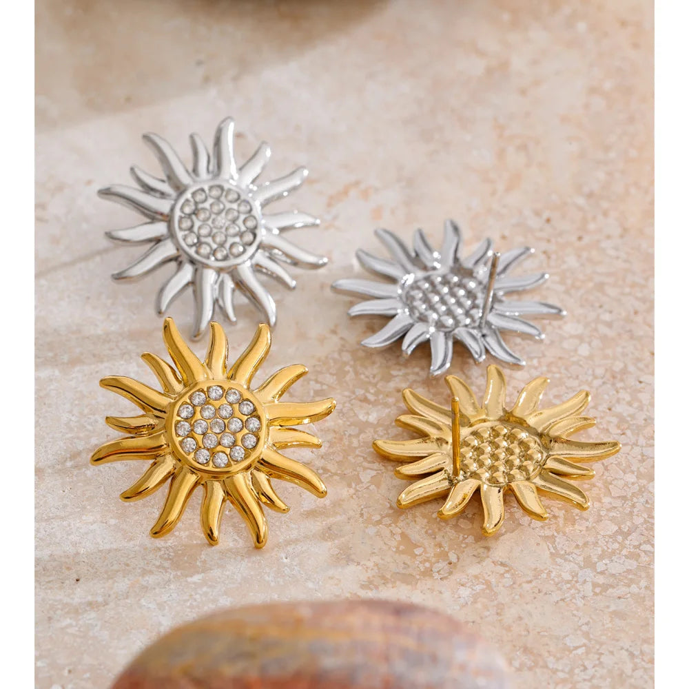 Cubic Zirconia Sun Geometric Earrings — Gold-Plated Stainless Steel with Cubic Zirconia · PS928
