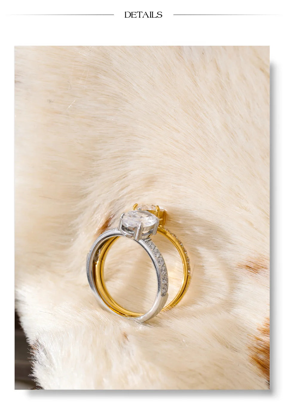 Cubic zirconia geometric ring in 18K gold-plated stainless steel with cubic zirconia.