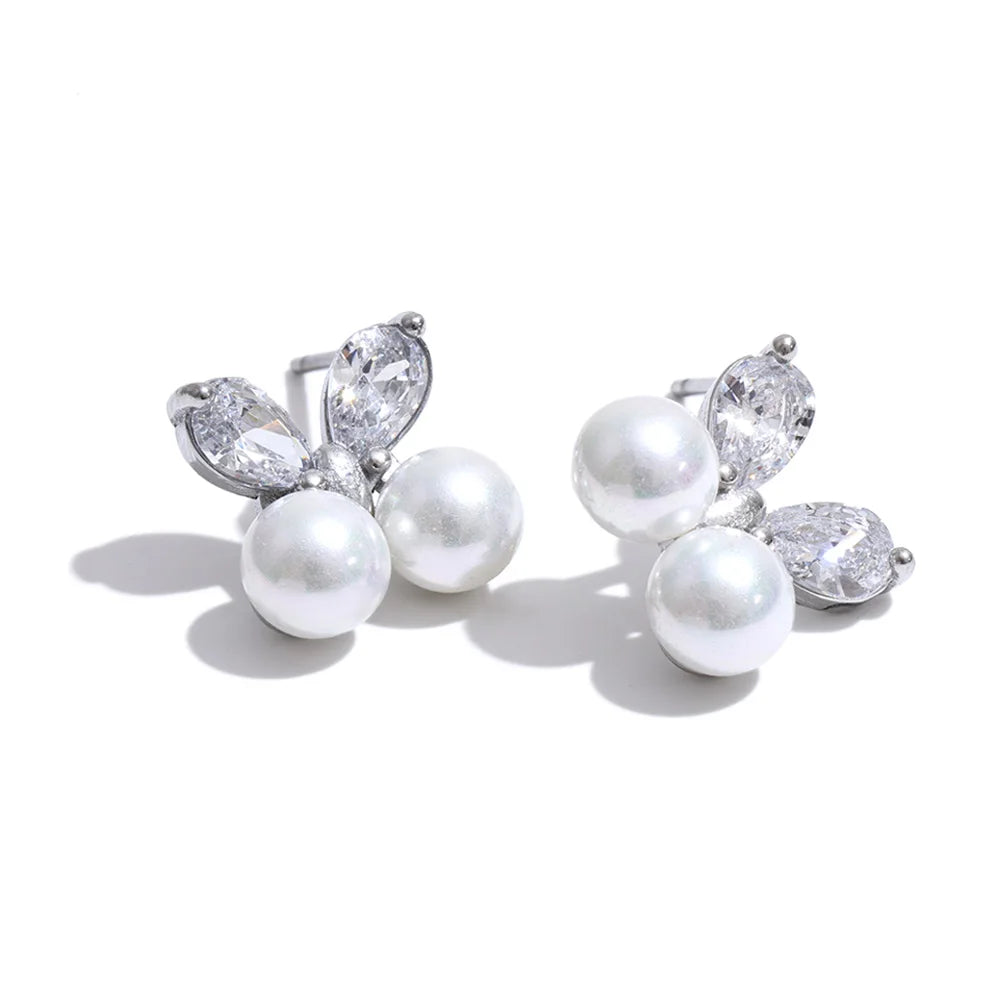 Cubic Zirconia Pearl Butterfly Earrings — Gold-Plated Stainless Steel with Pearl and Cubic Zirconia · PS1342