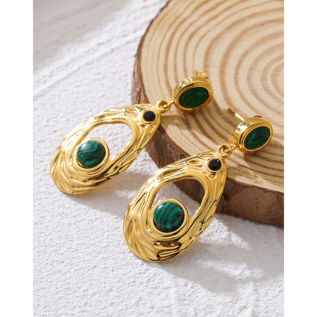 Drop Earrings Green Stone Zircon Irregular Dangle — 316L Stainless Steel · PS424