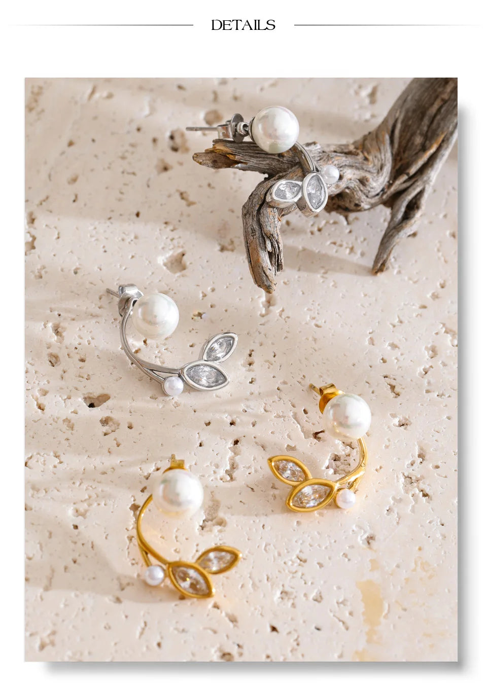 Cubic Zirconia Pearl Geometric Earrings — Gold-Plated Stainless Steel with Pearl and Cubic Zirconia · PS1303