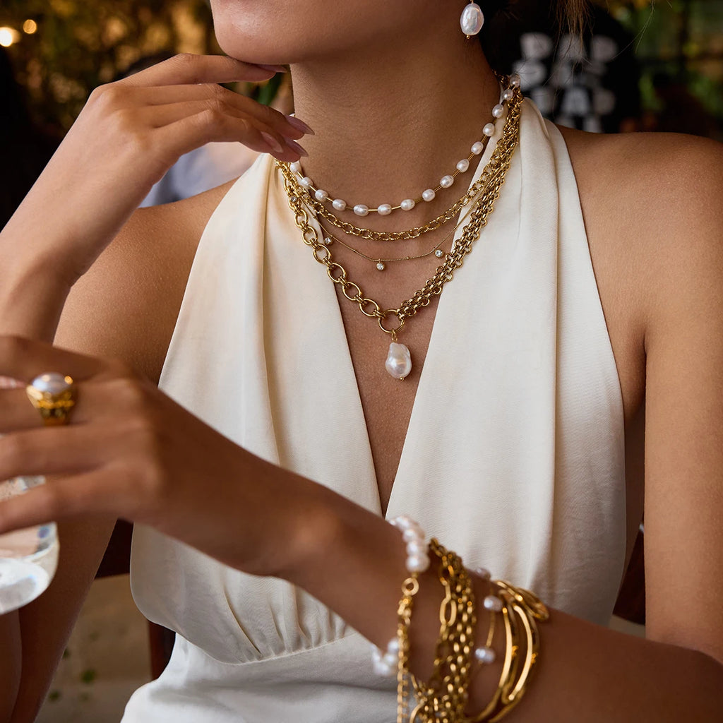 Pearl Chain Bracelet Stack — Stainless Steel · PS027