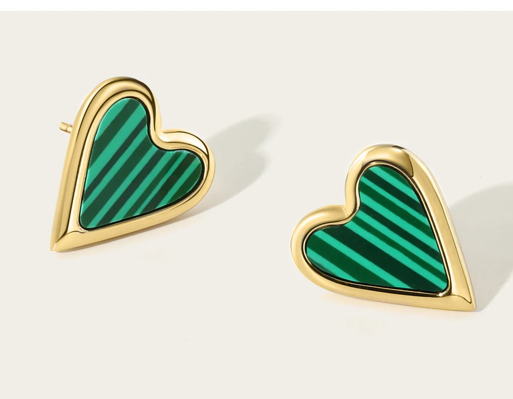 Stud Earrings Heart Vintage Green Natural Stone — 316L Stainless Steel · PS422