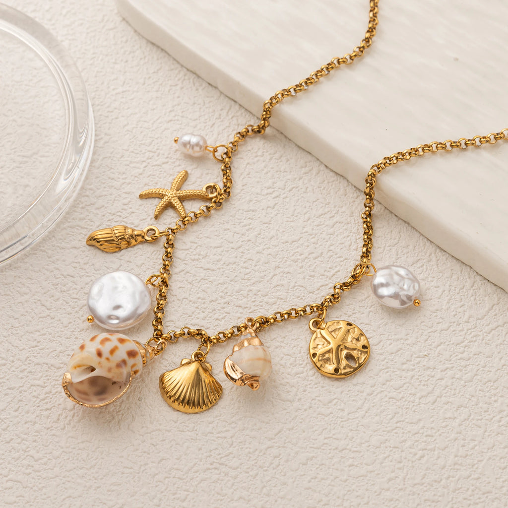 Stainless steel summer beach breeze shell starfish conch pearl necklace vacuum plated 18K gold color retention