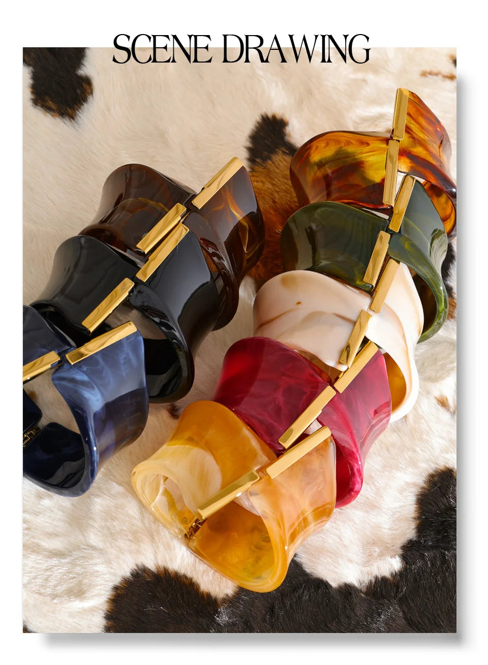 Resin acrylic multi-color bracelet in gold-plated stainless steel with resin and acrylic.