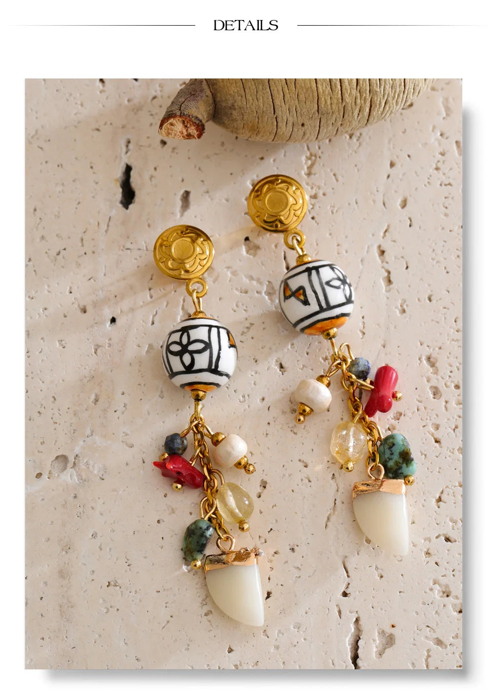 Resin natural stone geometric earrings in gold-plated stainless steel with natural stone and resin.