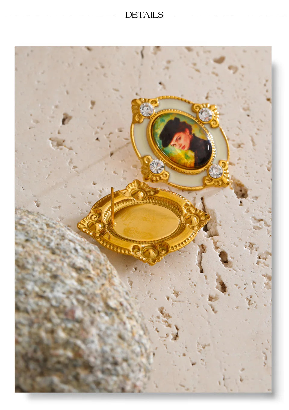 Resin crystal geometric earrings in gold-plated stainless steel with resin and crystal.