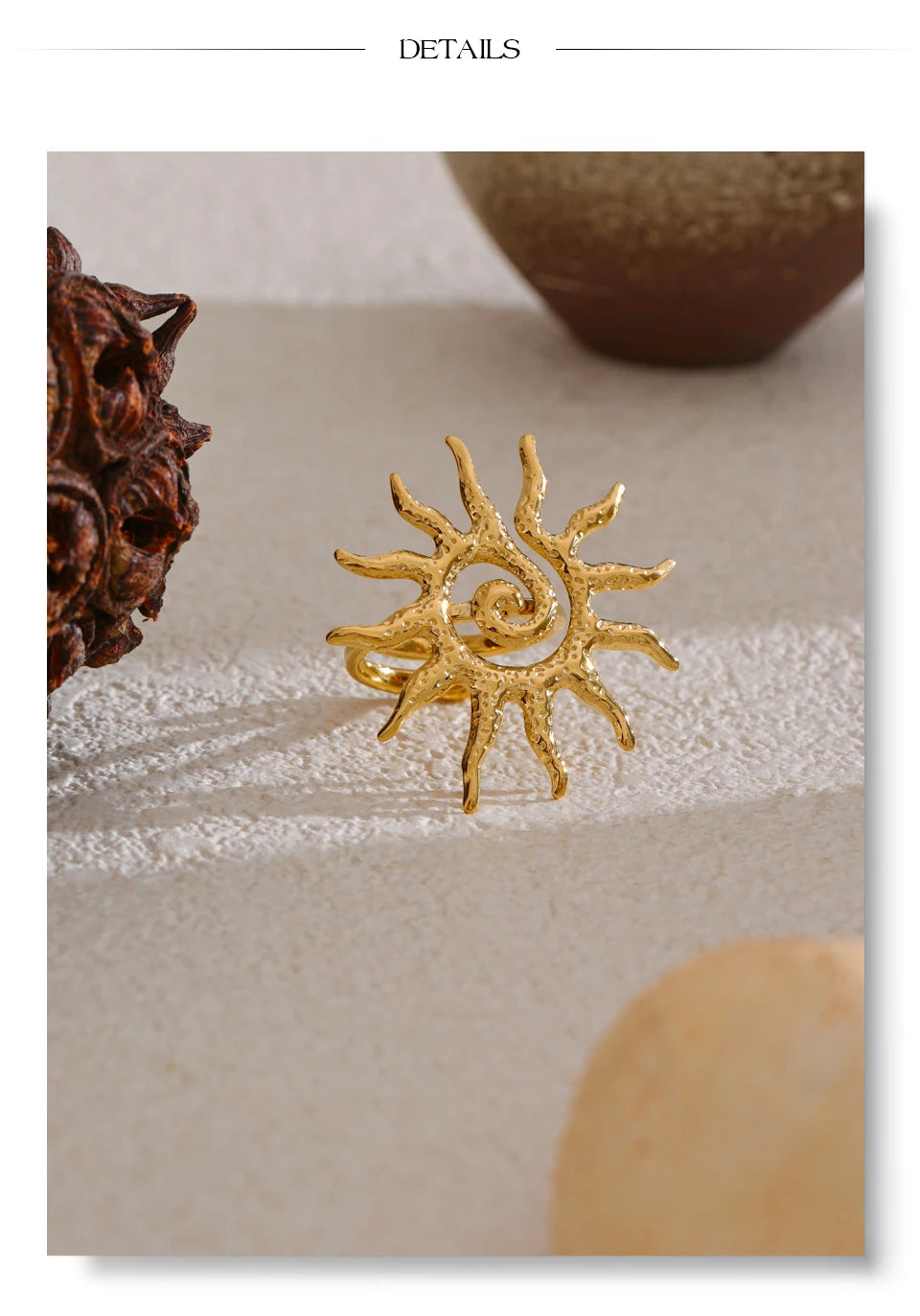 Sun geometric ring in 18K gold-plated stainless steel.