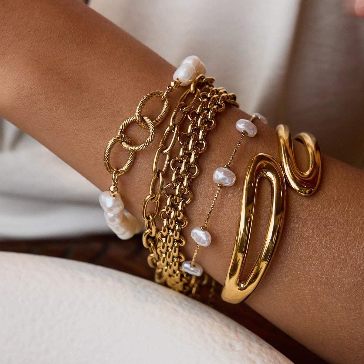 Pearl Chain Bracelet Stack — Stainless Steel · PS027