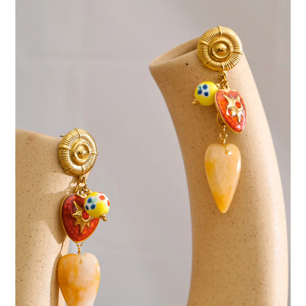 Enamel Natural Stone Heart Earrings — Gold-Plated Stainless Steel with Natural Stone and Enamel · PS1075