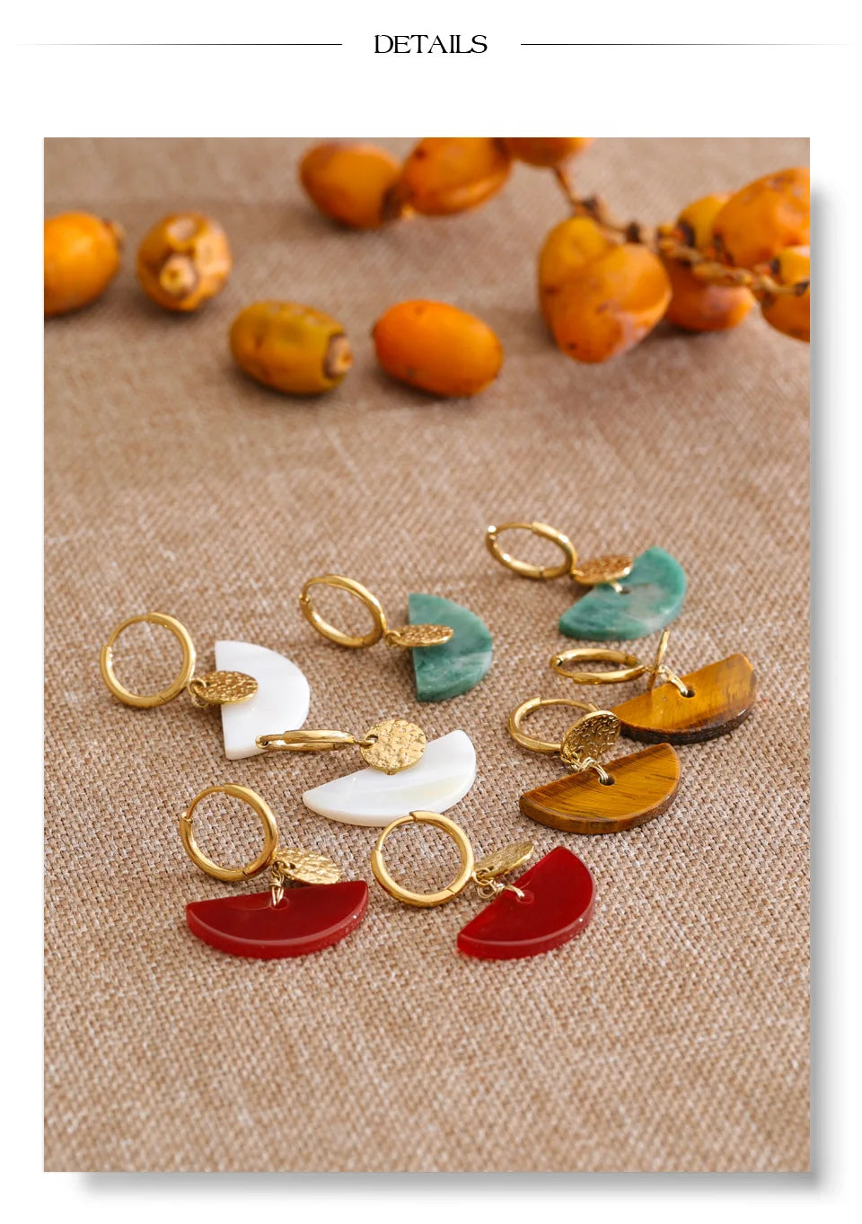 Natural stone geometric earrings in gold-plated stainless steel with natural stone.